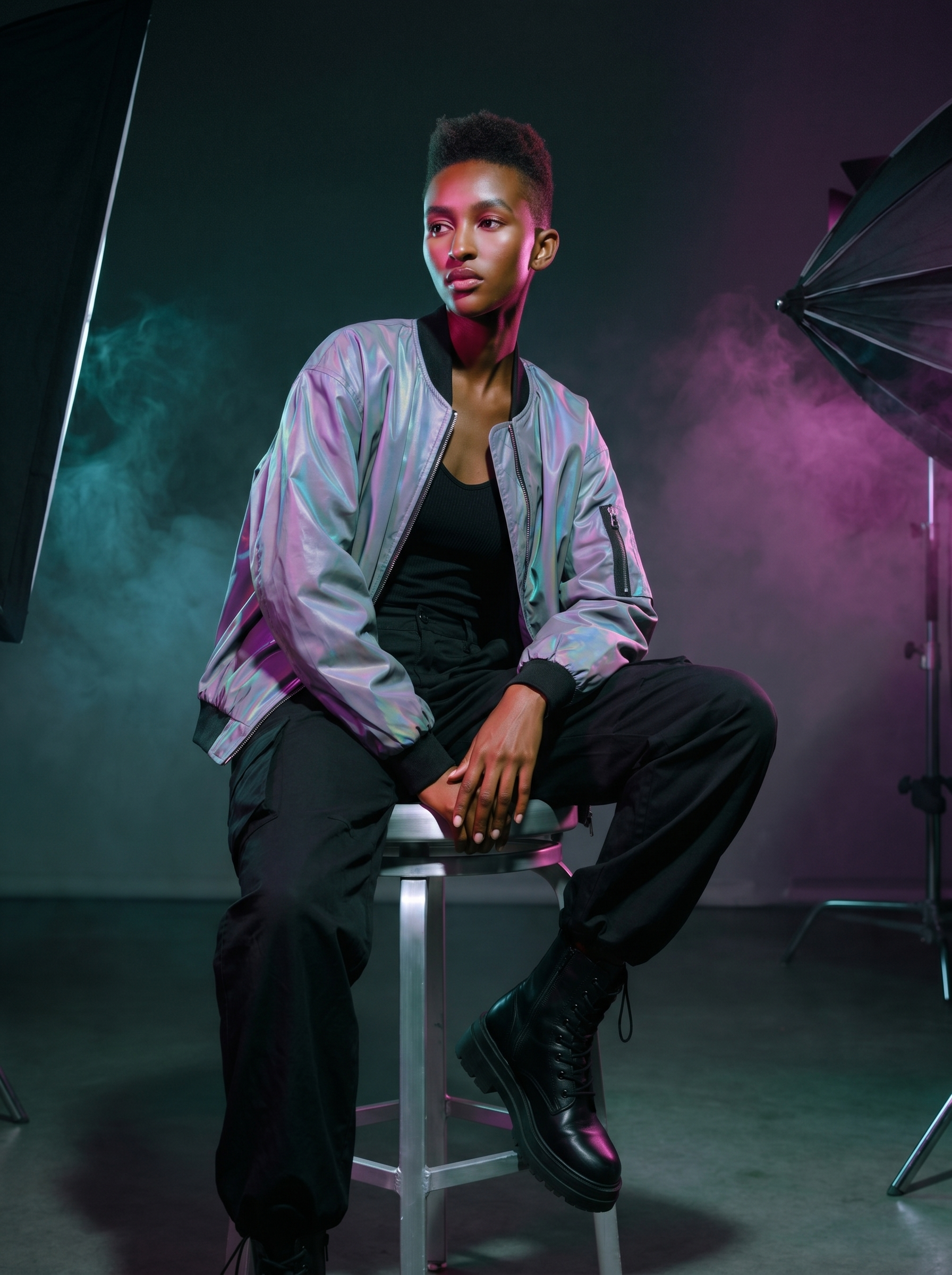 Model in iridescent silver bomber and cargo trousers, magenta and teal split lighting.