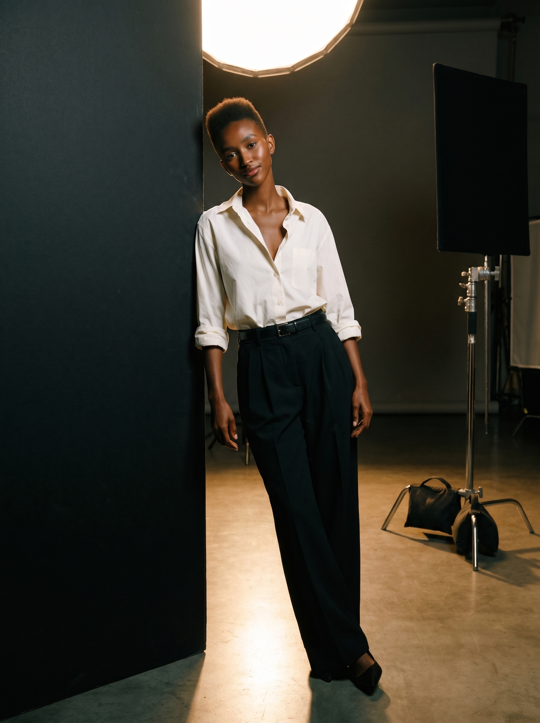 Model in ivory poplin shirt and black trousers, soft beauty light.