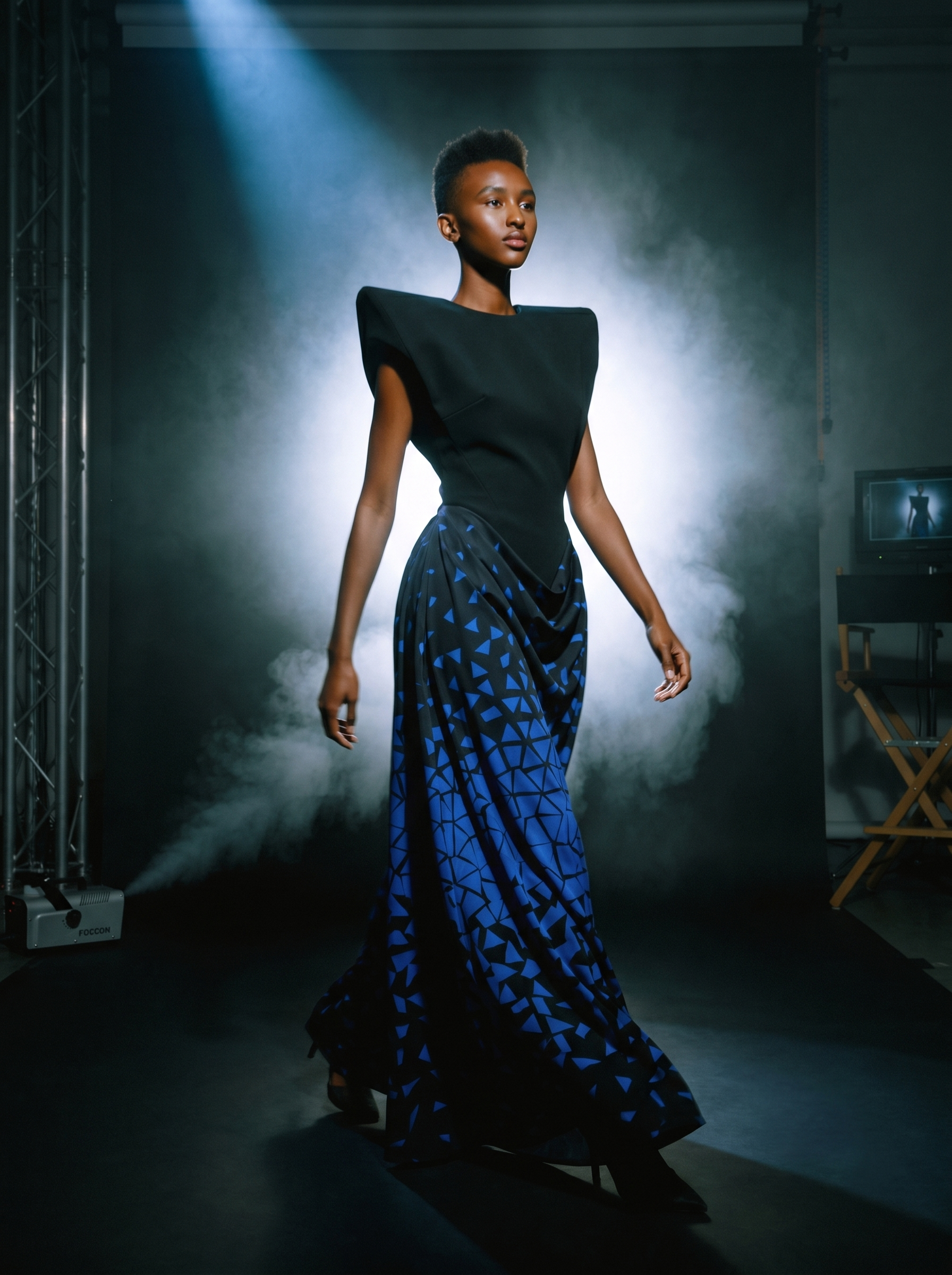 Model in architectural avant-garde piece with cobalt geometric print, theatrical rim light.